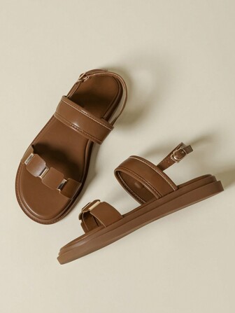 New Thick Sole Strap Rivet Decor Sandals, Round Toe, Slip-On, Beach, Comfortable, Non-Slip, Brown, Summer