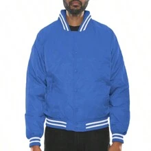 Men Solid Varsity Bomber Jacket Waterproof Fall Winter Summer Lightweight All Season Striped Trim Slant Pockets Baseball Jacket Snap Button - Royal Blue - View 6