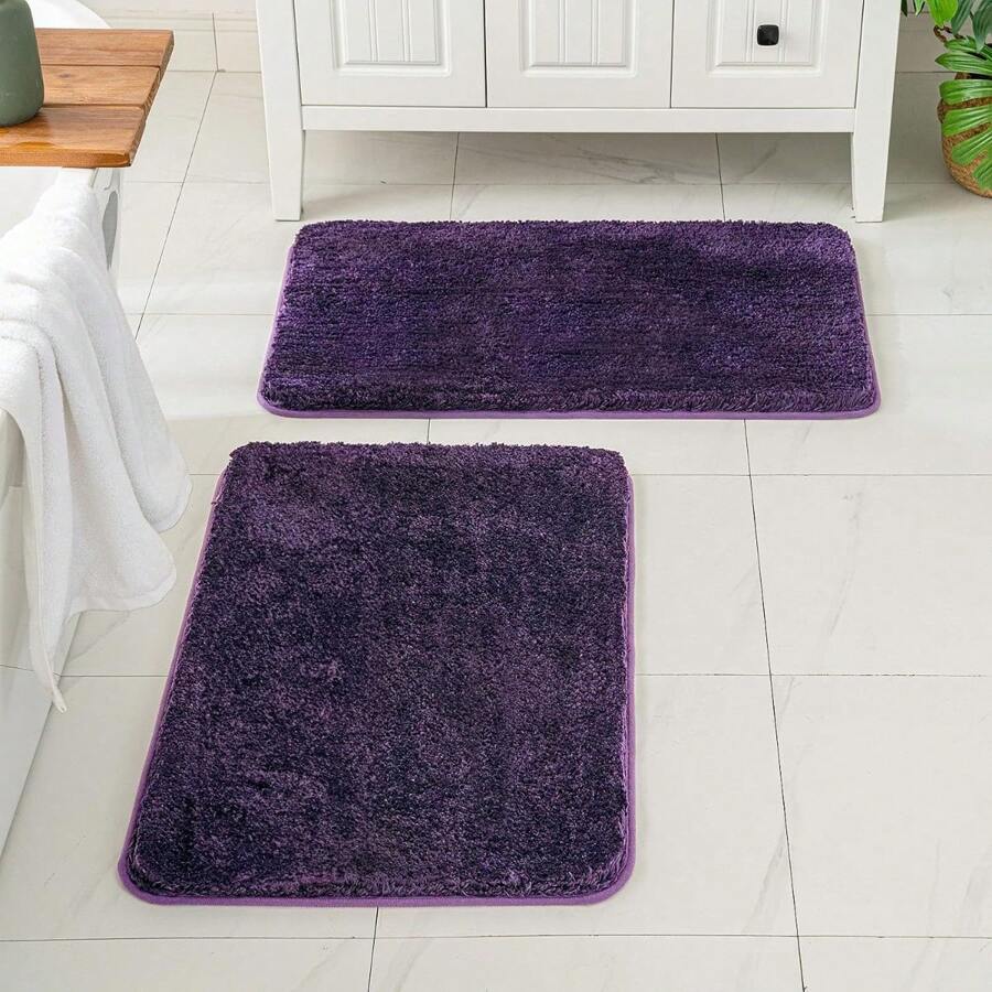 Set Of 2 Non Slip Shaggy Bathroom Rugs Extra Thick Soft Bath Mats Plush Microfiber Absorbent Water For Tub Shower Machine Washable (Dark Purple, 24x44 Inches) - 深紫色 - 查看 1