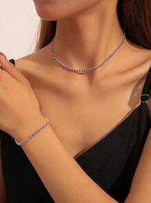 2pcs/Set Colorful Rhinestone Choker Necklace And Bracelet Set, Fashion Jewelry Accessories - Royal Blue - View 7