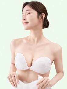 Sujetador adhesivo sin tirantes, brasier adhesivo de tela de encaje invisible, brasier de encaje adhesivo para mujer,   Dos Pares de Sujetadores Sin Tirantes: Adhesivos Invisibles, Sin Espalda, Push-Up, Con Protecciones para los Pezones - Blanco - Ver 2