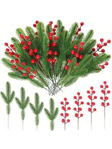 20pcs Artificial Pine Branches With Berries, Christmas Decor Branches For Wreath, Centerpiece, Christmas Tree, Party, Gift Decoration - Multicolor - View 6