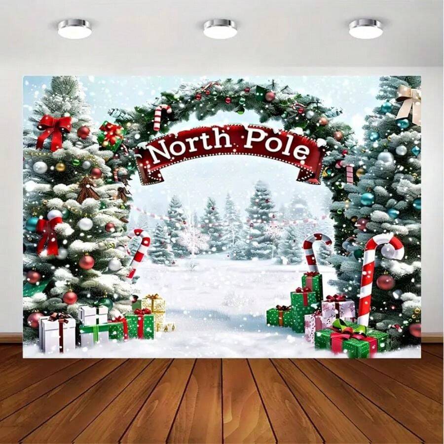 Holiday Magic "Snow Wonderland Christmas Background -1 Piece Of Polyester Photography Background With Pine Trees And The North Pole, Suitable For Holiday Portraits And Party Decorations Winter Wonderland Decoration,Christmas - Multicolor - View 1