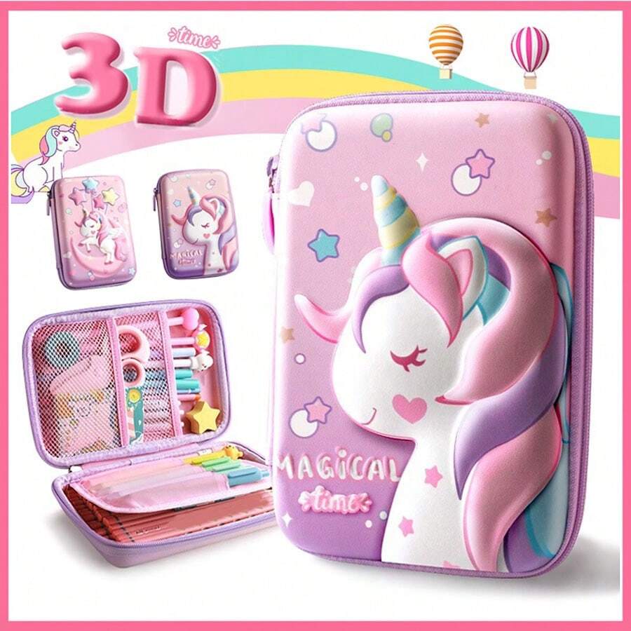 3D EVA独角兽可爱铅笔盒卡通文具盒彩色铅笔盒女孩礼物,铅笔袋,背包 - #A - 查看 1