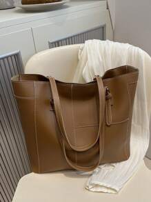 1 件简约绗缝复古大容量单肩包，时尚手提包，多功能手提包，适合上学、通勤、购物、复古风格女士包