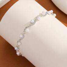 1 件优雅波浪形人造珍珠和水晶装饰手链，适合女性婚礼派对或日常佩戴 - 銀色 - 查看 2