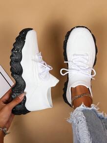 Women's Breathable Round Toe Slip-On Cushion Sneakers, Ladies' Casual Knitted Shoes - 白色 - 查看 1