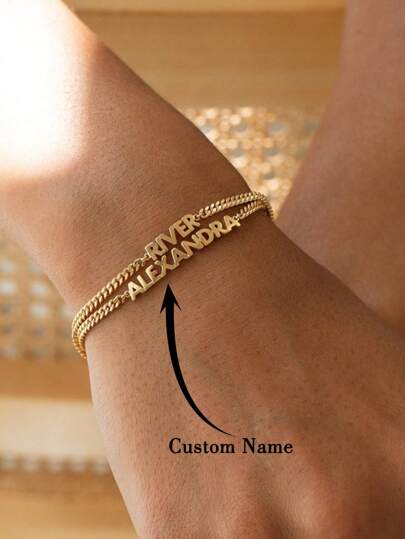 1pc Customized Name Bracelet,Bracelets For Women,Custom Name Bracelet Stainless Steel Nk Bracelet,Summer Accessories,Personalize Name Silvery,Gold Color Chain Bracelet