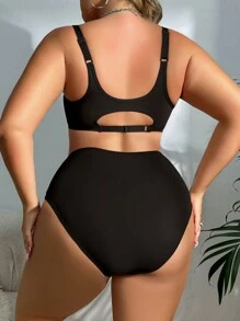 Plus SIze Women 5 Hooks Front Closure Lingerie Set Wire Free Bra And Plain Panties - Black - View 2