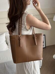 1 件简约绗缝复古大容量单肩包，时尚手提包，多功能手提包，适合上学、通勤、购物、复古风格女士包