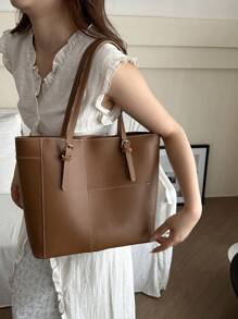 1 件简约绗缝复古大容量单肩包，时尚手提包，多功能手提包，适合上学、通勤、购物、复古风格女士包