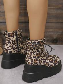 欧盟/美国 2024 新款时尚粗跟亮面皮革女式踝靴，豹纹靴 - 彩色 - 查看 3