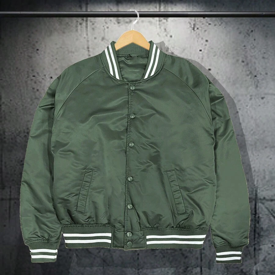 Men Solid Varsity Bomber Jacket Waterproof Fall Winter Summer Lightweight All Season Striped Trim Slant Pockets Baseball Jacket Snap Button - Olive Green - View 1