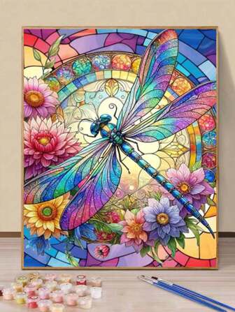 1set Vintage Glass Dragonfly Painting DIY Numerical Oil Painting Kit, Unframed, Decoration For Living Room & Bedroom, Festival & Birthday Gift, 40*50CM