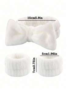 1 件蝴蝶结装饰涤纶沐浴头带和 2 件洗脸腕带，可爱粉色可水洗面部化妆头带和沐浴腕带家居浴室装饰秋季装饰 - 白色 - 查看 2