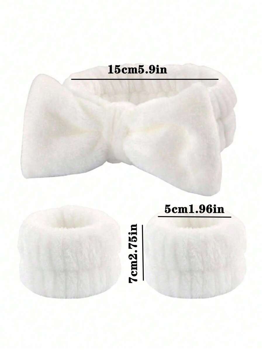 1 件蝴蝶结装饰涤纶沐浴头带和 2 件洗脸腕带，可爱粉色可水洗面部化妆头带和沐浴腕带家居浴室装饰秋季装饰