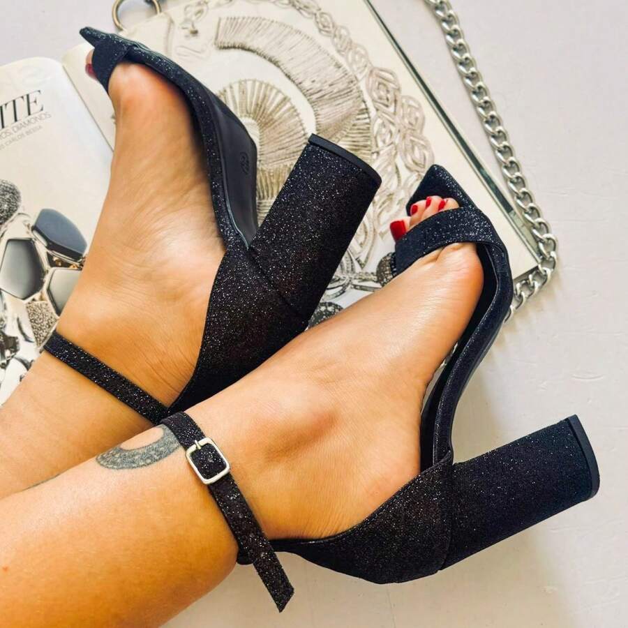 Black Glitter Women's Heel Sandal - 9cm - 黑色 - 查看 1