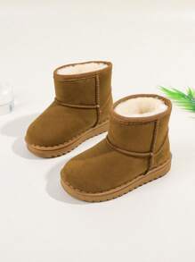 1 par de botas de neve de tecido liso para meninas, bico redondo, forro térmico, sola antiderrapante, para crianças de 3 a 12 anos, adequadas para outono e inverno