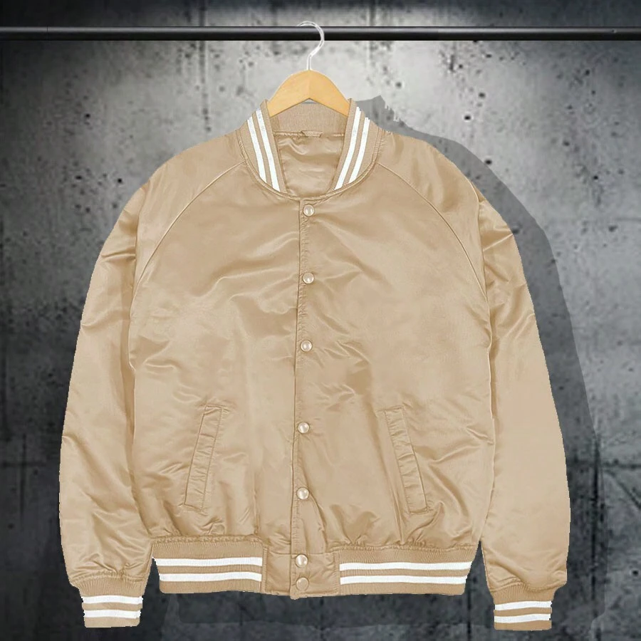 Men Solid Varsity Bomber Jacket Waterproof Fall Winter Summer Lightweight All Season Striped Trim Slant Pockets Baseball Jacket Snap Button - Khaki - View 1