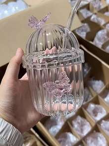 1 件蝴蝶结条纹玻璃杯，带可重复使用吸管，耐高温牛奶杯、咖啡杯、果汁杯 - 透明 - 查看 4