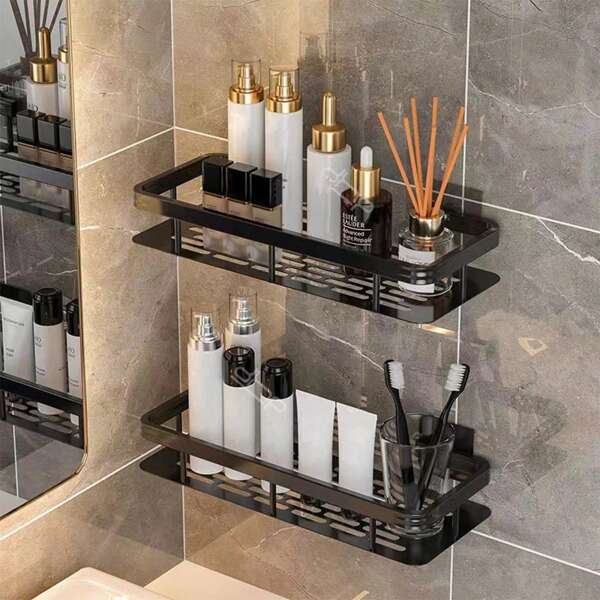 1pc Bathroom Organizer Rack, Adhesive Bathroom Wall Shelf For Shower/Toilet, 2 Installation Options (No Drilling/ With Expansion Screws)
