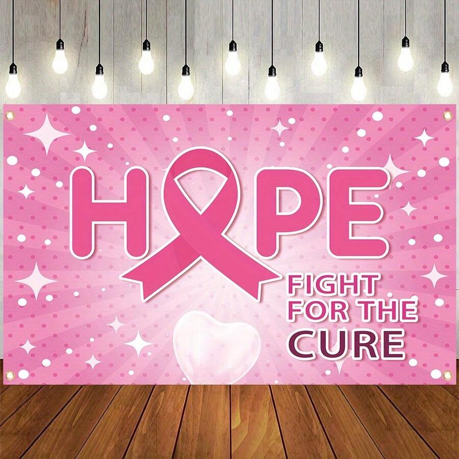 1pc Polyester Breast Awareness Banner, Versatile Pink Ribbon And Heart Decorations For Supporting Events, No Electricity Needed, Multi-Purpose For Photo Booth And Party Decor - Multicolor - View 1