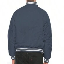 Men Solid Varsity Bomber Jacket Waterproof Fall Winter Summer Lightweight All Season Striped Trim Slant Pockets Baseball Jacket Snap Button - Navy Blue - View 7