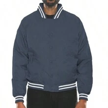 Men Solid Varsity Bomber Jacket Waterproof Fall Winter Summer Lightweight All Season Striped Trim Slant Pockets Baseball Jacket Snap Button - Navy Blue - View 6
