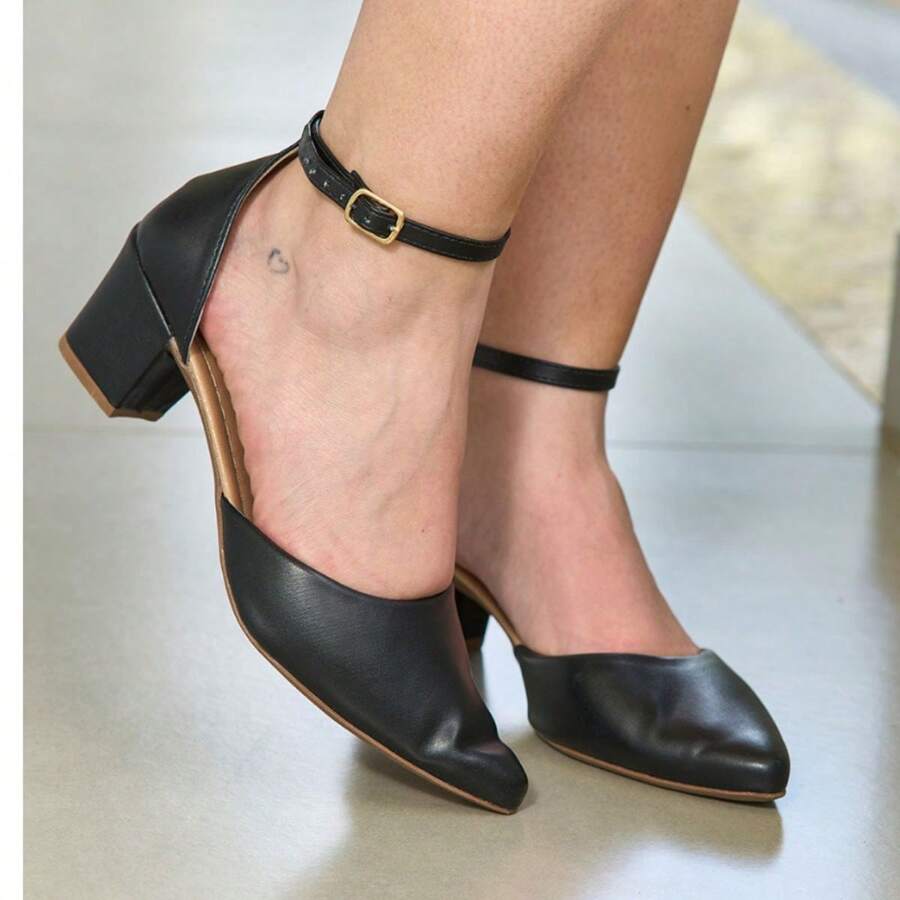 Women's Pumps With Low Heels Pointy Toe With Buckle Comfortable Lightweight Social - màu đen - Xem 1