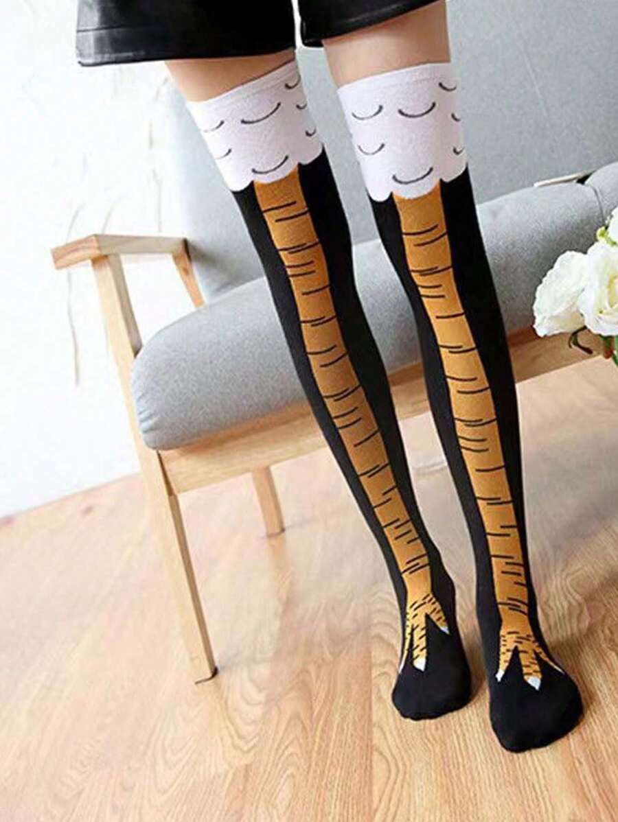 1pair Women's Chicken Feet Design Over-The-Knee Socks, Y2k, Cozy - Multicolor - View 1