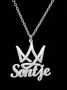 热销 DIY 镂空皇冠女王国王英文字母定制项链，街头嘻哈风格，潮流日常宴会派对装扮配饰 - 銀色 - 查看 3