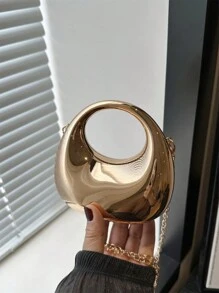 1pc Fashion Acrylic Mini Silver/Gold Handbag, Metallic Shiny Moon Shaped Clutch Purse With Metal Chain For Cosmetics And Jewelry, Stylish Gift For Women