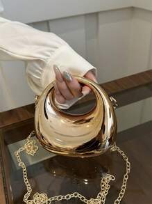1pc Fashion Acrylic Mini Silver/Gold Handbag, Metallic Shiny Moon Shaped Clutch Purse With Metal Chain For Cosmetics And Jewelry, Stylish Gift For Women