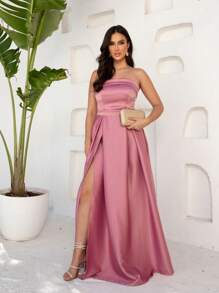 LONG BRIDE PARTY DRESS WEDDING FORMANDS STRAPLESS ZIBELINE - Rusty Rose - View 1