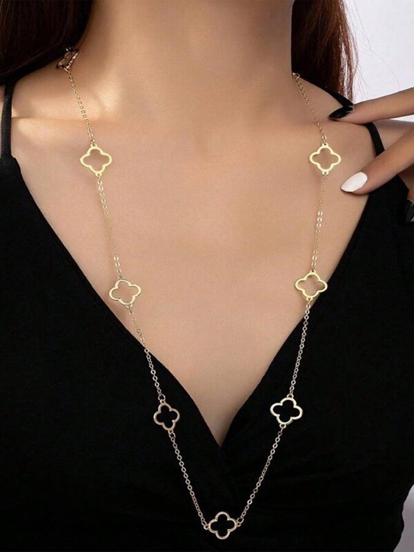 1 pieza Collar largo con colgante de trébol de cuatro hojas hueco de moda, cadena de suéter simple y versátil, adecuado para uso diario, diseño vintage elegante, regalo para mujeres en el Día de San Valentín