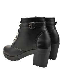 Women's Combat Boots Short Comfortable Buckle Heel Black - 黑色 - 查看 4