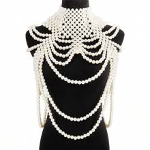 1 pieza Cadena de hombro personalizada de múltiples capas con borlas, elegante collar de chal con perlas hechas a mano, accesorio de joyería de cadena corporal para uso diario de mujer