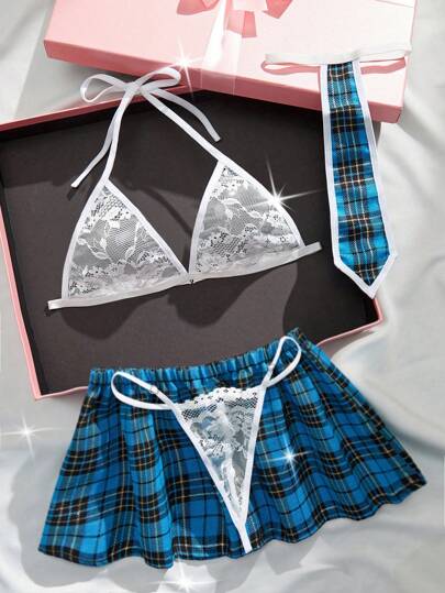 Sexy Schoolgirl Style Plaid Uniform Set Includes Floral Lace Bralette, Thong, Skirt And Tie , Women Lingerie And Panties To Create Alluring Look, Rave