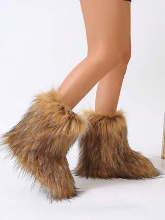 Women's Winter Warm Round Toe Anti-Slip Furry Mid-Calf Boots, Fashionable Snow Boots; Women's Short Furry Boots