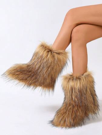 Women's Winter Warm Round Toe Anti-Slip Furry Mid-Calf Boots, Fashionable Snow Boots; Women's Short Furry Boots