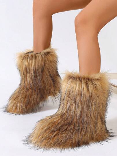 Botas femininas de inverno quentes, bico redondo, antiderrapantes, peludas, cano médio, botas de neve da moda; botas femininas curtas e peludas