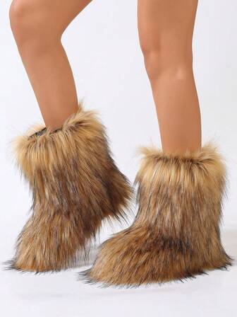Women's Winter Warm Round Toe Anti-Slip Furry Mid-Calf Boots, Fashionable Snow Boots; Women's Short Furry Boots