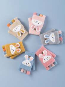 1 双儿童 4-11 岁冬季露指手套，卡通加厚保暖内衬半指翻盖手套，适合男孩和女孩