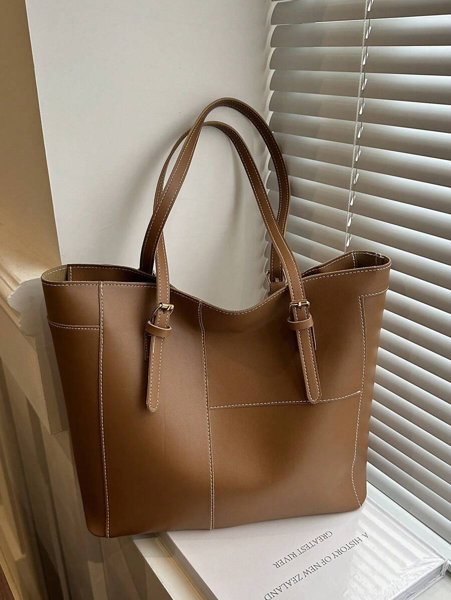 1 件简约绗缝复古大容量单肩包，时尚手提包，多功能手提包，适合上学、通勤、购物、复古风格女士包