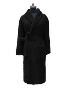 Men's Women's Adult Unisex Fleece Terry Blanket Bathrobe With Pocket - màu đen - Xem 1