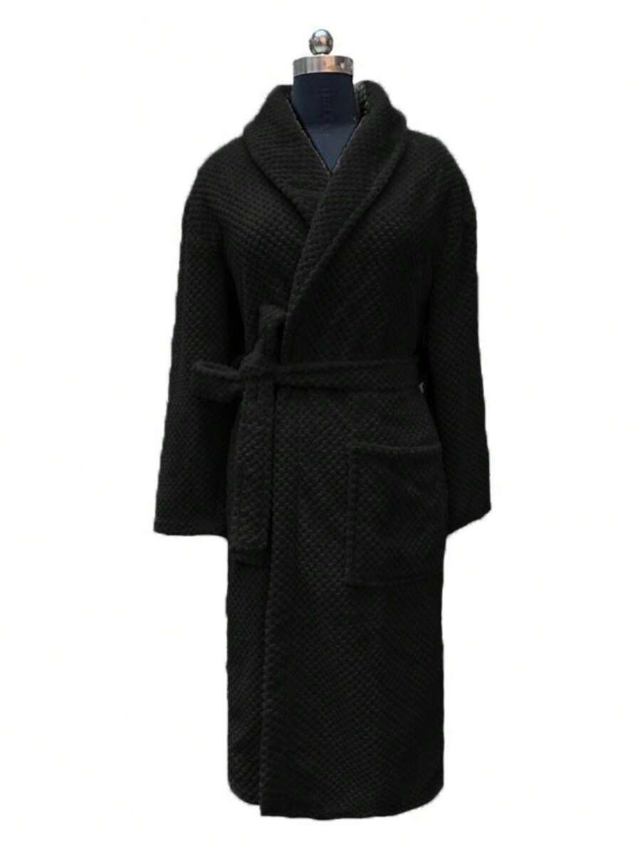 Men's Women's Adult Unisex Fleece Terry Blanket Bathrobe With Pocket - màu đen - Xem 1