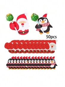 50pcs Santa Claus & Penguin Lollipop Paper Cards, Christmas Party Supplies, Mini Spoon Packaging Decorations,Christmas