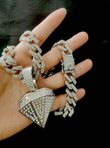 1 Peça Colar com Pingente Grande de Strass Punk Hip Hop para Homens, Corrente Miami Toda Cravejada de Strass, Joia de Festa para Mulheres