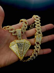 1 Peça Colar com Pingente Grande de Strass Punk Hip Hop para Homens, Corrente Miami Toda Cravejada de Strass, Joia de Festa para Mulheres