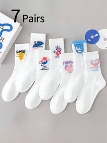 7 pares de calcetines estampados para niñas, niños, adolescentes, calcetines largos deportivos casuales blancos, aptos para primavera, otoño y todas las temporadas - Multicolor - Ver 1